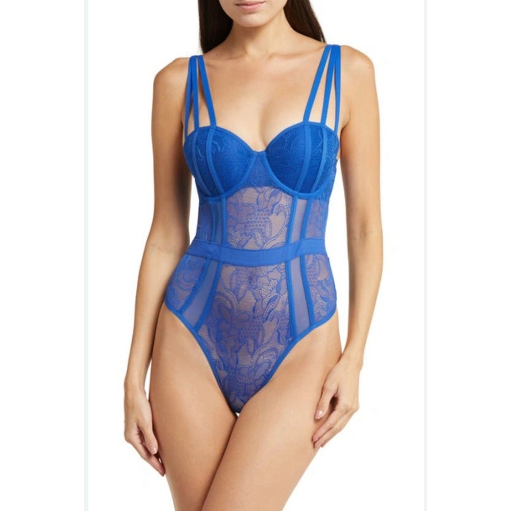 NWT Jezebel by Felina Anika Lace Bodysuit XL Sapphire Sky Blue Thong One Piece